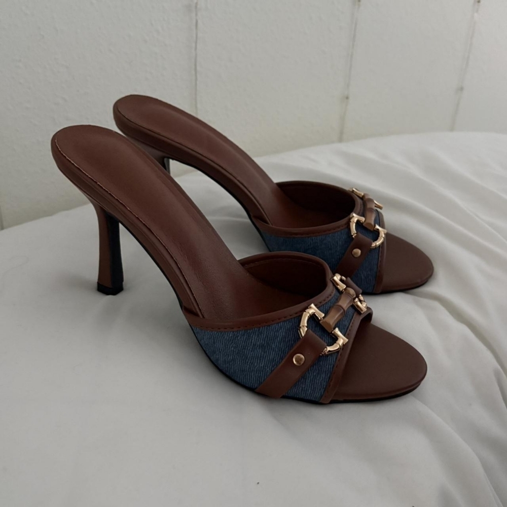 Brown Leather & Denim High Heel Slide Sandals